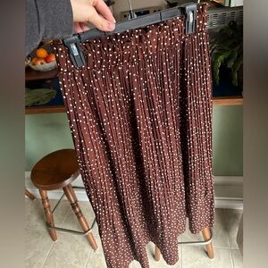 Brown Polka Dot Pleated Midi Skirt